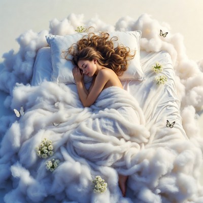 Nude woman sleeping on clouds