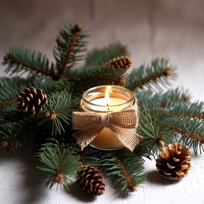 Lit Candle with Pine Branches and Pinecones