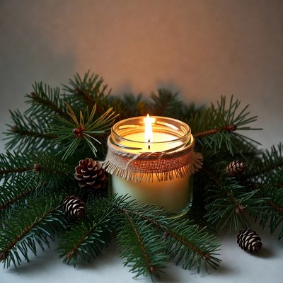 Lit Candle in Pine Branches