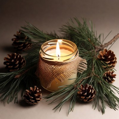Lit Candle with Pine Branches and Cones