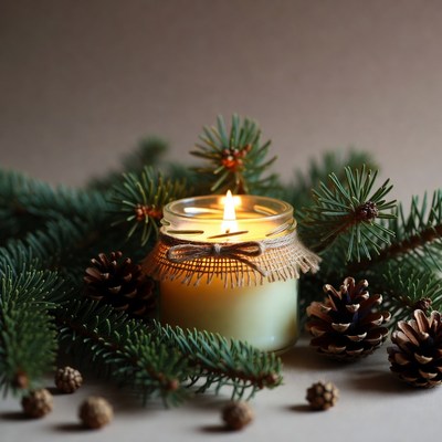 Lit Candle with Pine Branches and Cones