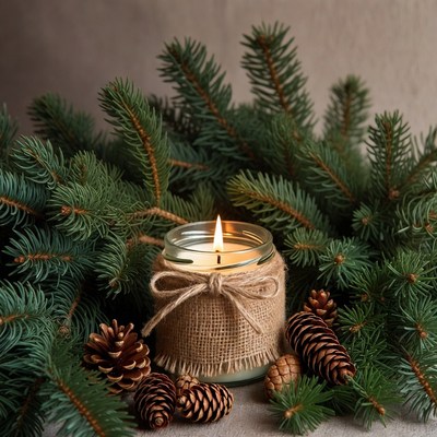 Lit Candle in Pine Branches and Cones
