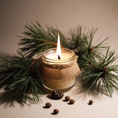 Lit burlap candle with pine branches