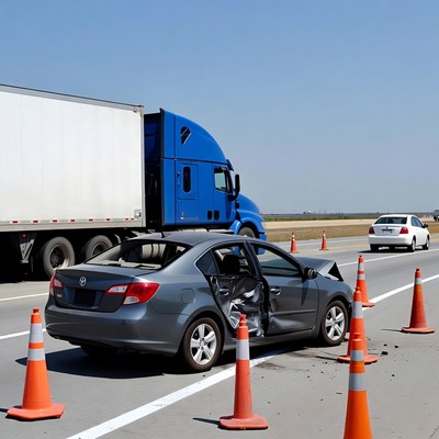 Car Crash with Blue Truck and Traffic Cones