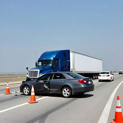 Blue Truck Crashes into Gray Car