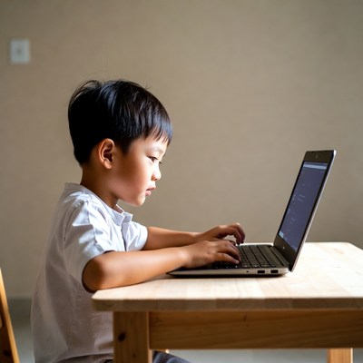 Asian boy typing on laptop