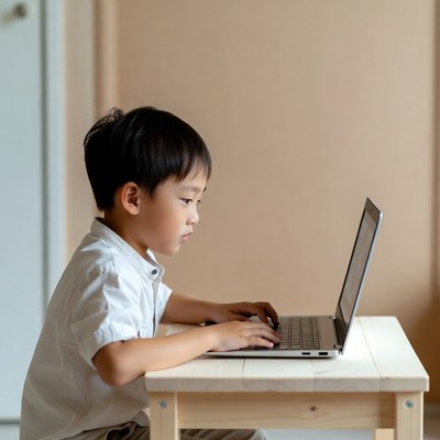 Asian boy using laptop at table