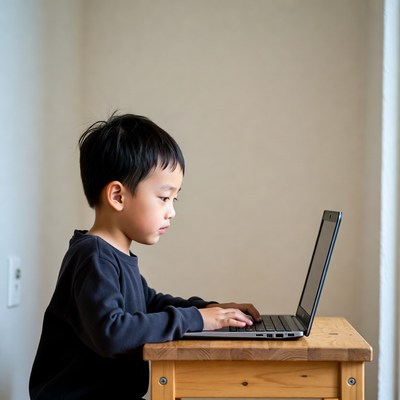 Asian boy typing on laptop