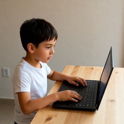 Young boy using laptop at table