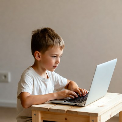 Boy typing on laptop