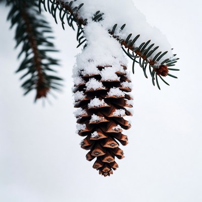 Snowy Pine Cone Hanging on Branch