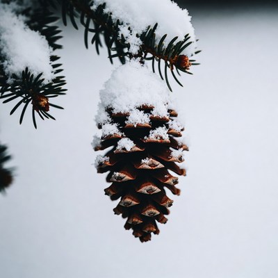 Snowy Pine Cone on Branch