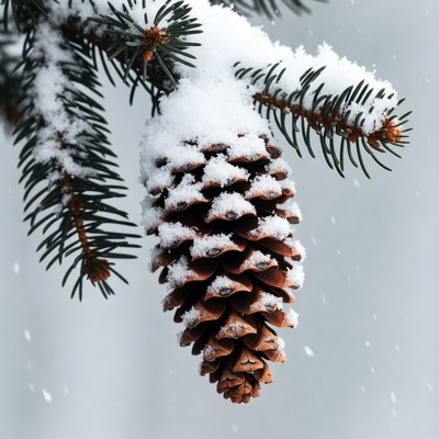 Snowy Pine Cone on Branch