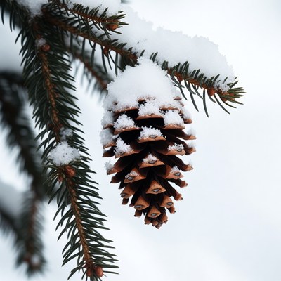 Snowy Pine Cone on Branch