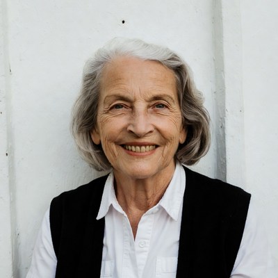 Elderly woman smiling against white wall