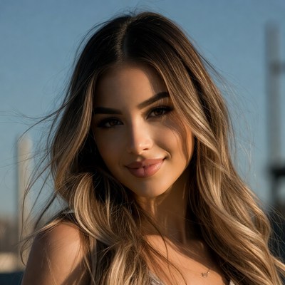 Smiling woman with long wavy hair