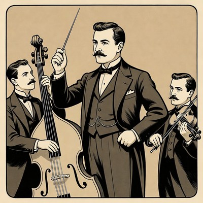 Conductor leading violinists and bassist