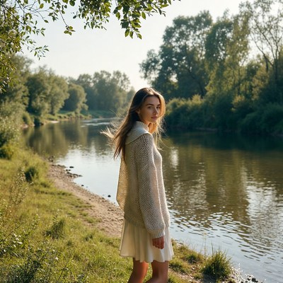 Woman in white dress by river