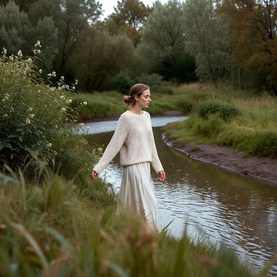 Woman standing by riverside in white dress
