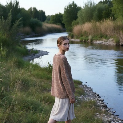 Woman standing by river in beige sweater