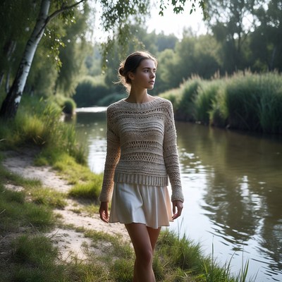 Woman walking by river in knit sweater