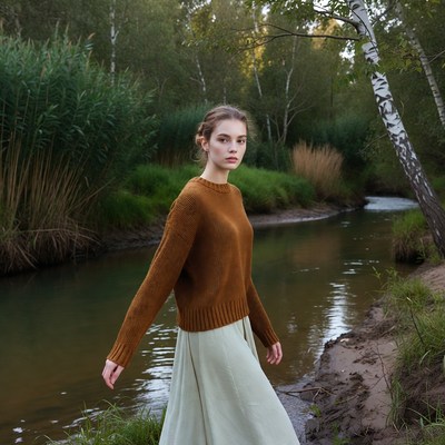 Woman in brown sweater by forest river