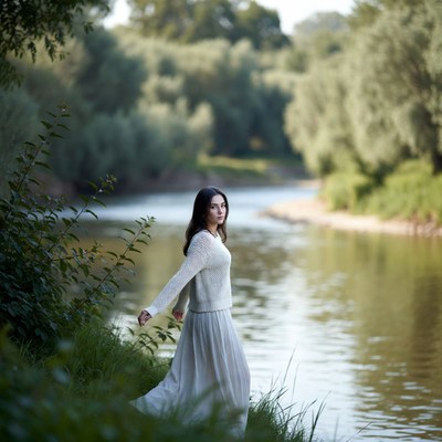 Woman in white dress by river