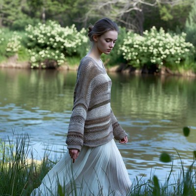 Woman walking by lake in sweater skirt