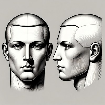 Male Head Front and Profile Views