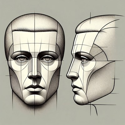 Male Head Front and Profile Drawing