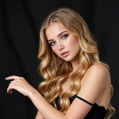 Blonde woman pointing on black background