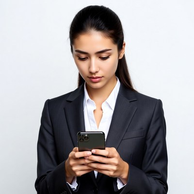 Asian woman checking phone in suit