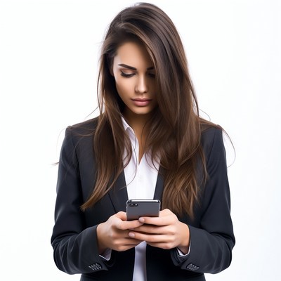 Woman checking phone in suit