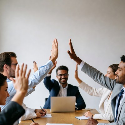 Diverse team raising hands in meeting