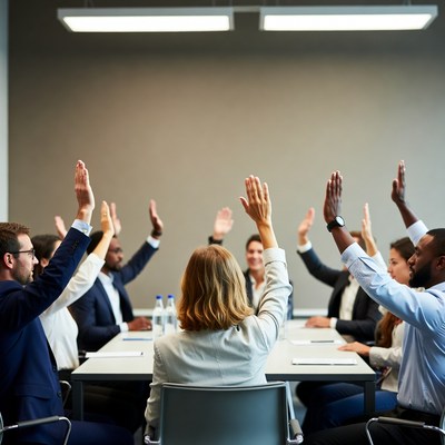 Diverse team raising hands in meeting