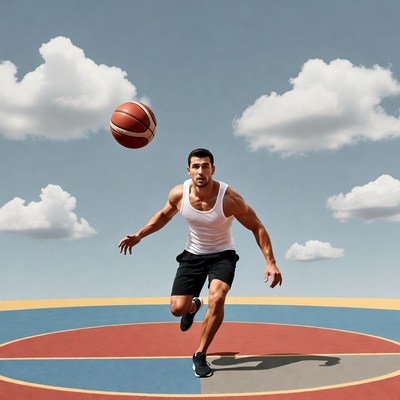 Athletic man dribbling basketball on court