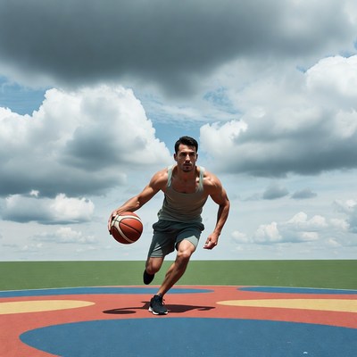 Athletic man dribbling basketball outdoors