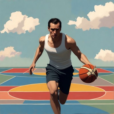 Muscular man dribbling basketball on court