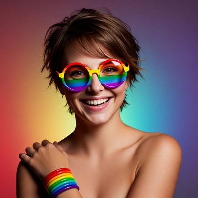 Woman with rainbow glasses smiling