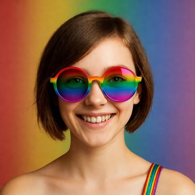 Woman smiling in rainbow sunglasses