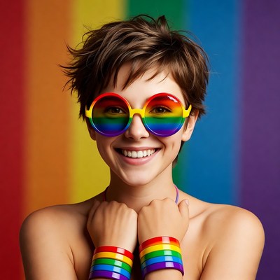 Smiling woman in rainbow sunglasses