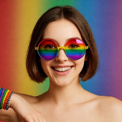 Woman wearing rainbow glasses smiling