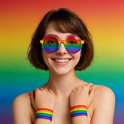 Smiling woman in rainbow glasses