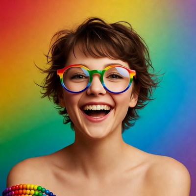 Smiling Woman in Rainbow Glasses