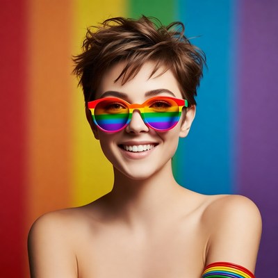 Woman with rainbow sunglasses smiling