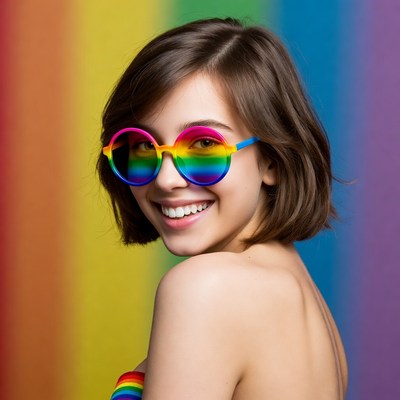 Woman smiling in rainbow sunglasses