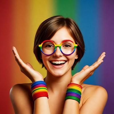 Smiling woman in rainbow glasses and bracelets