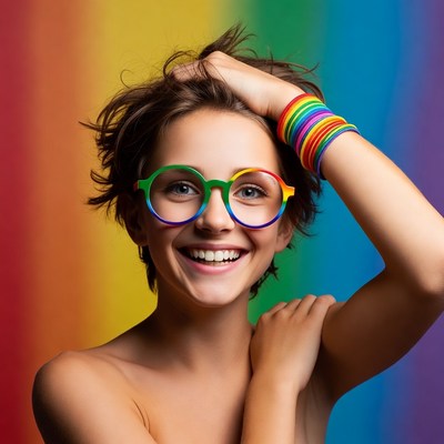 Smiling woman in rainbow glasses