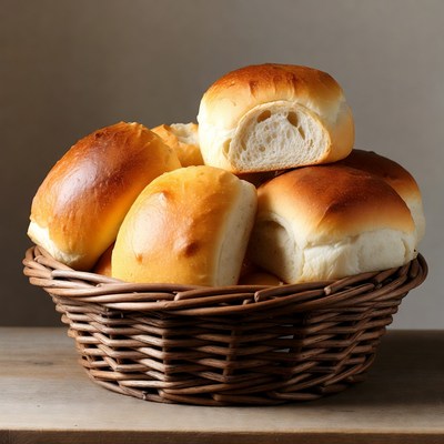 Fresh Bread Rolls in Wicker Basket