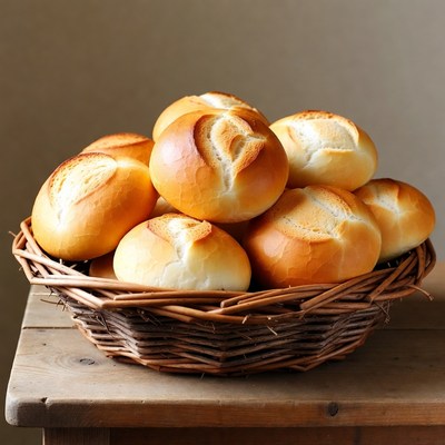 Fresh bread rolls in wicker basket